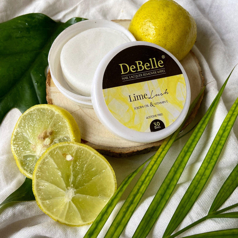 Remove the nail paint and Moisturize them at the same time with Debelle lacquer remover wipes Lime Lush. Available at DeBelle Cosmetix online store with COD facility.