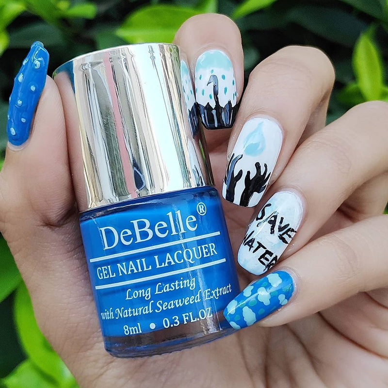 Blue is the sea, blue is the sky ,keep your nail  also blue with DeBelle gel nail color La Azure at their tips. Buy ths brigt blue shade enriched with hydrating and nourishing  seaweed extract at DeBelle Cosmetix online store.