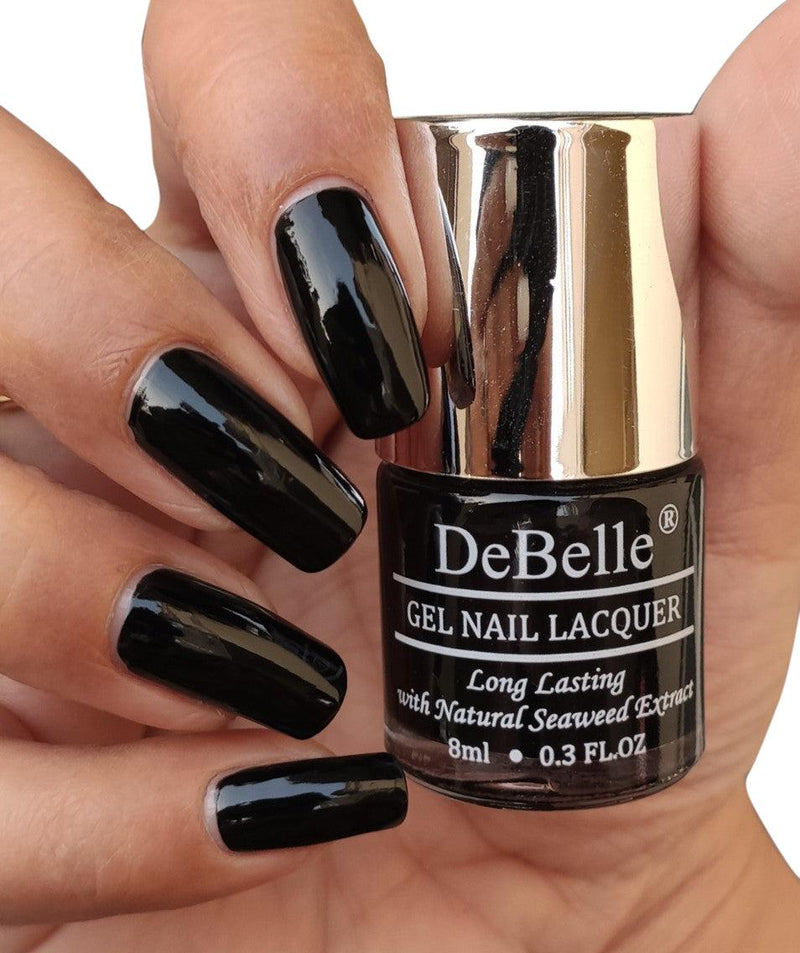 Black is beautiful-DeBelle gel nail color Luxe Noir.
