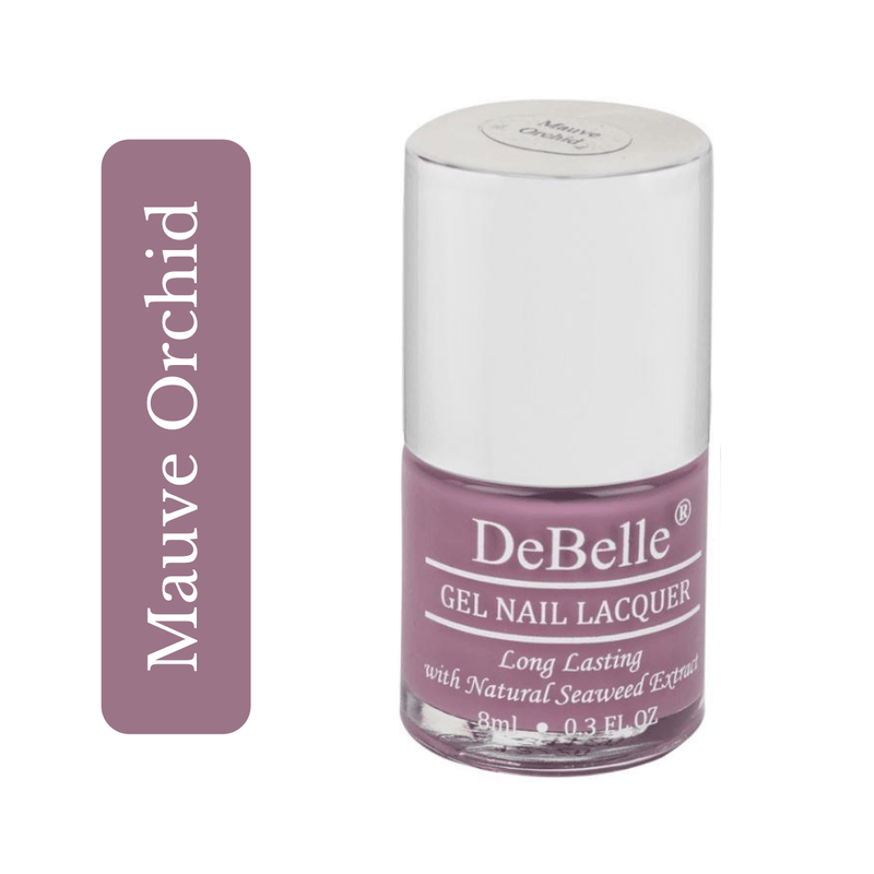 The mauve shade with an elegance  -DeBelle gel nail color Mauve Orchid.