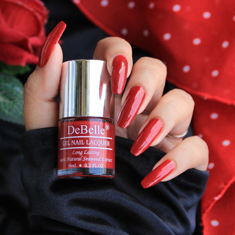 Thr ravishing red-Debelle gel nail color Moulin rouge. Shop online at DeBelle  cosmetix online store.