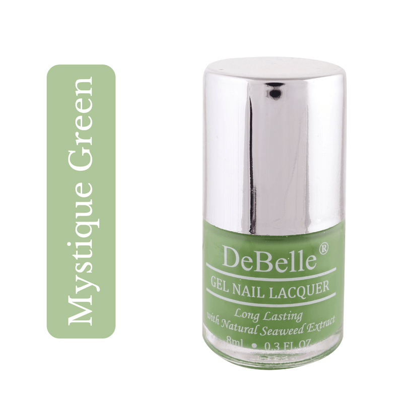 DeBelle pastel green Nail polish bottle against a white background with a front-view of the bottle.
