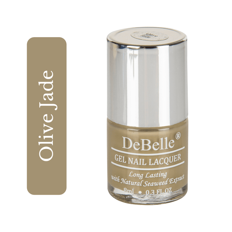 DeBelle olive green Nail polish bottle against a white background with a elegance look.