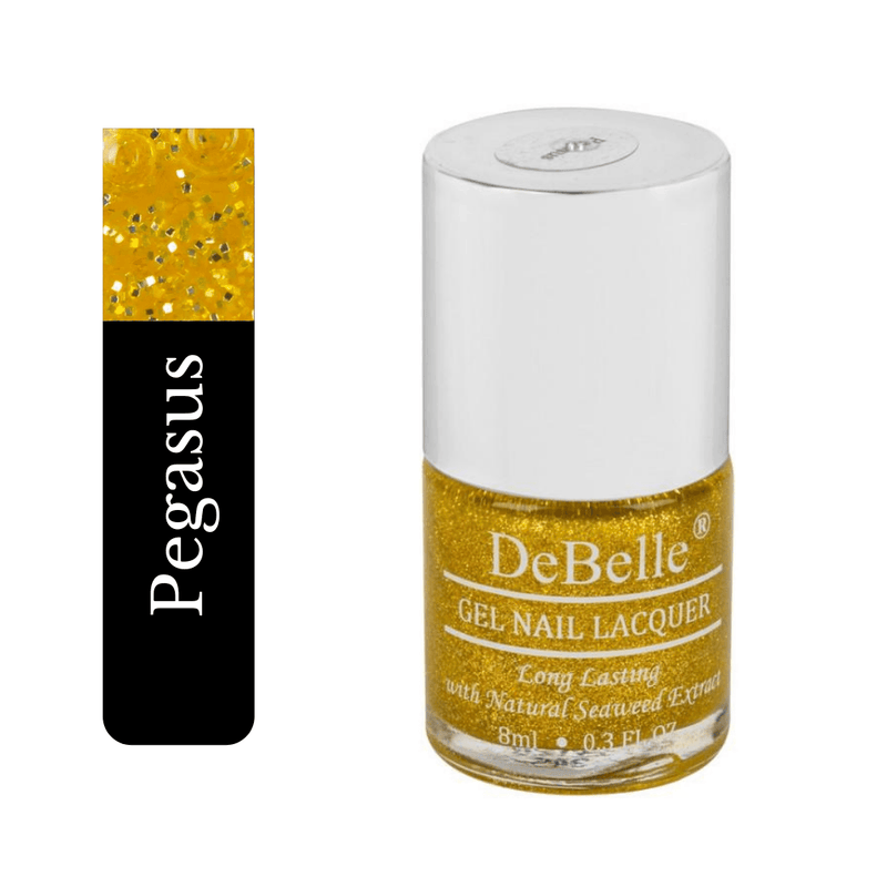 "A chic and eye-catching nail design featuring DeBelle's lime yellow and gold glitter nail polish bottle with a white background. 