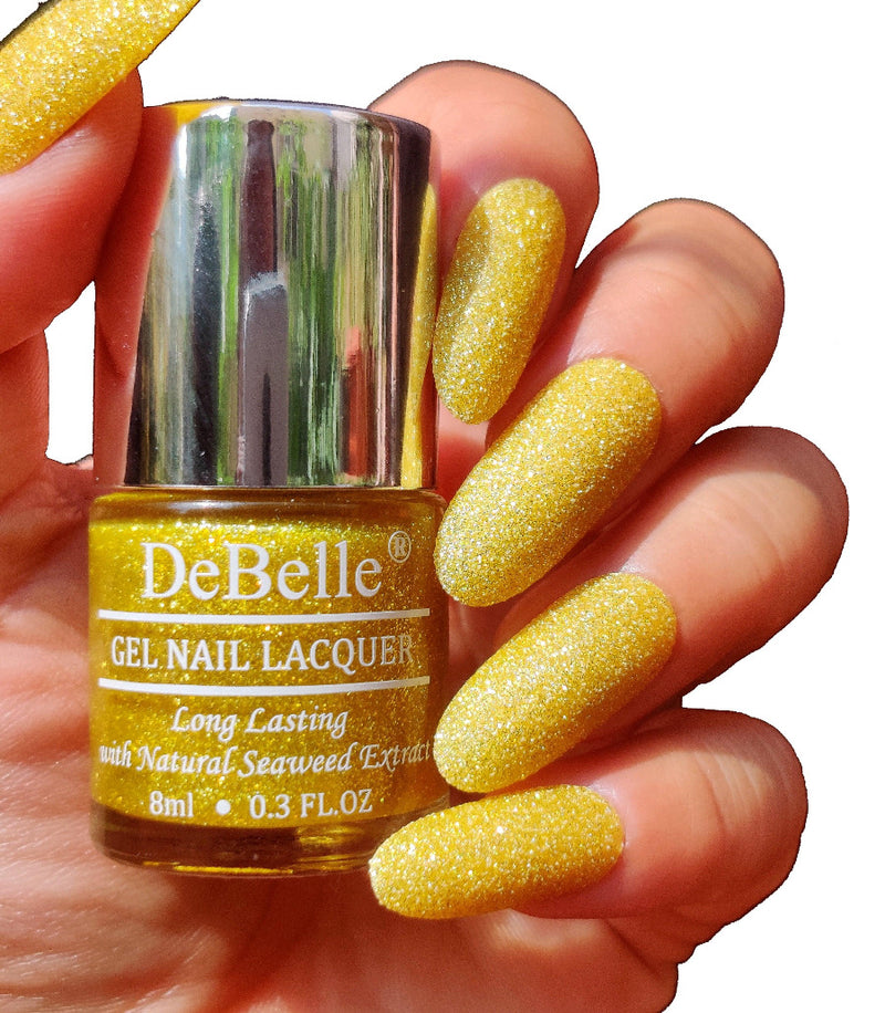 The beautiful lime yellow with a glitter  idael for weddings and parties. Shop for this DeBelle gel nail color Pegasus at DeBelle Cosmetix online store.