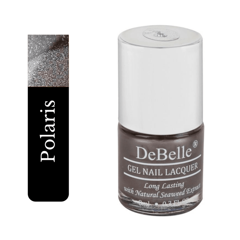 DeBelle Gel Nail Lacquer Polaris Metallic Grey nail polish bottle against a white background 