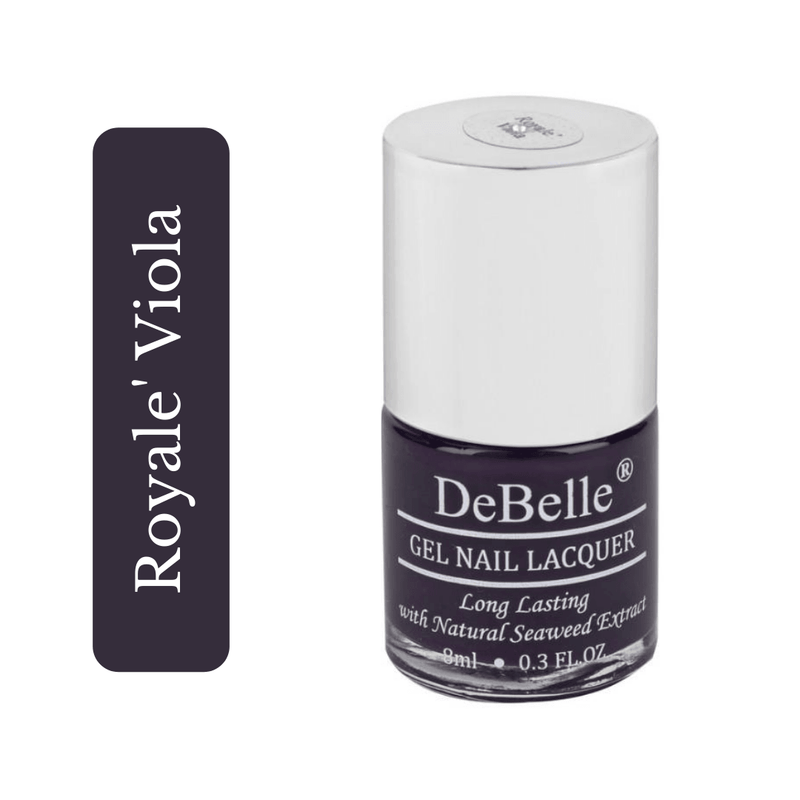 DeBelle Dark Voilet Nail polish bottle against a white background in a closer view.