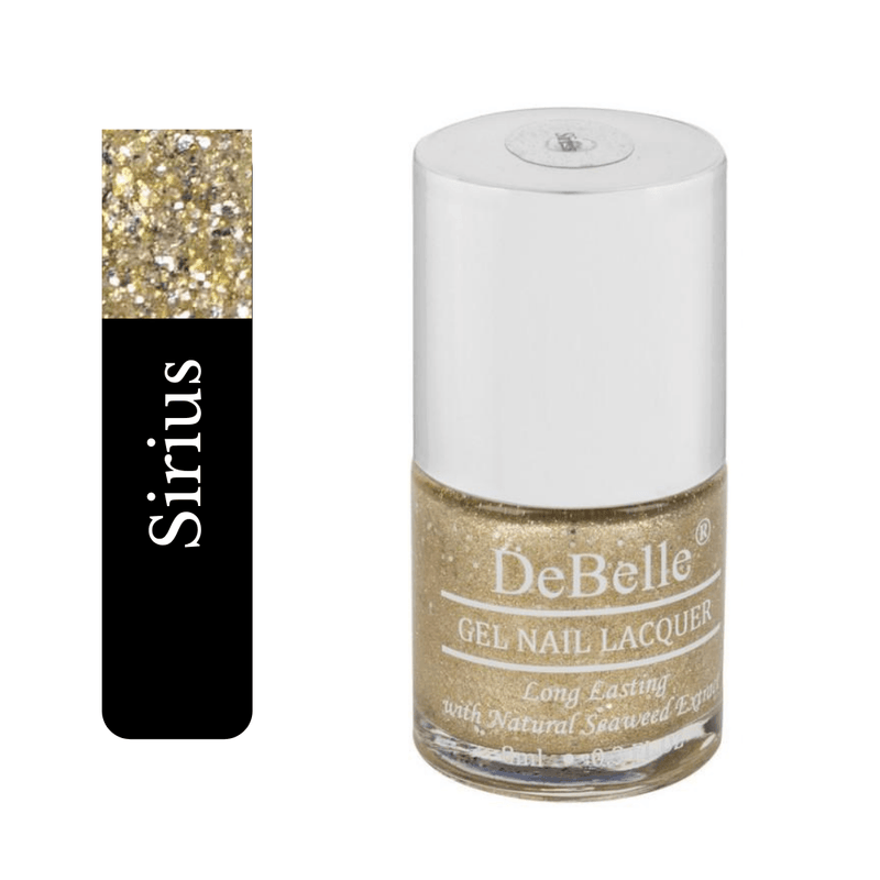 Debelle gold with silver nail polish bottle against a white background and a shiny nail paint.