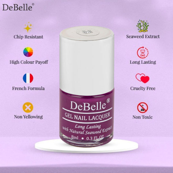 Features of Debelle Deep Magenta Nail Polish against a purple background with the infographics.