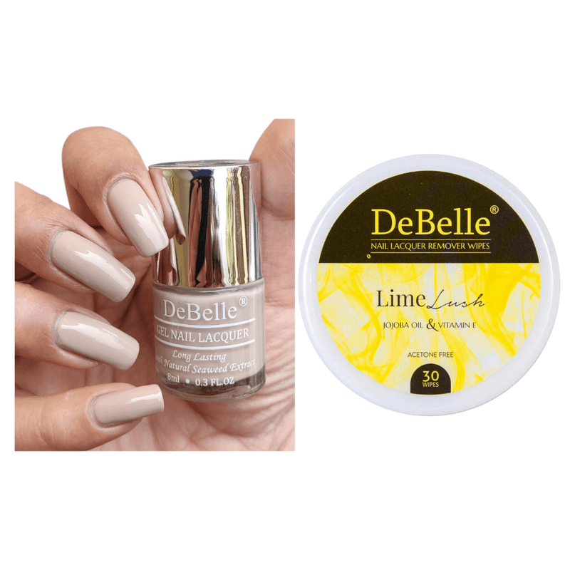 DeBelle Gel Nail Lacquer Victorian Beige & Lime Lush Nail Lacquer Remover Wipes Combo - DeBelle Cosmetix Online Store