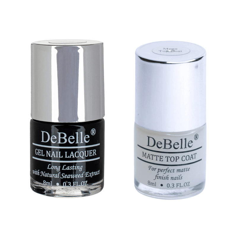 Available at DeBelle Cosmetix online store with COD facility _DeBelle gel nail color combo of Luxe Noir and Matte Top Coat.