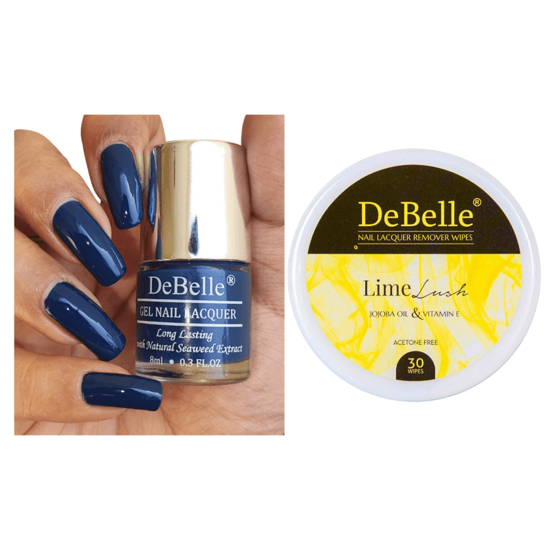 Buy this combo of DeBelle gel nail color Bleu Allure and Lime Lush remover wipes at affordable price at DeBelle Cosmetix online store.