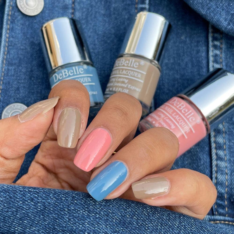 A combo of beautiful shades-DeBellegel nail lacquer combo of 3-Bogey Berry Pastels. Available at DeBelle Cosmetix online store.
