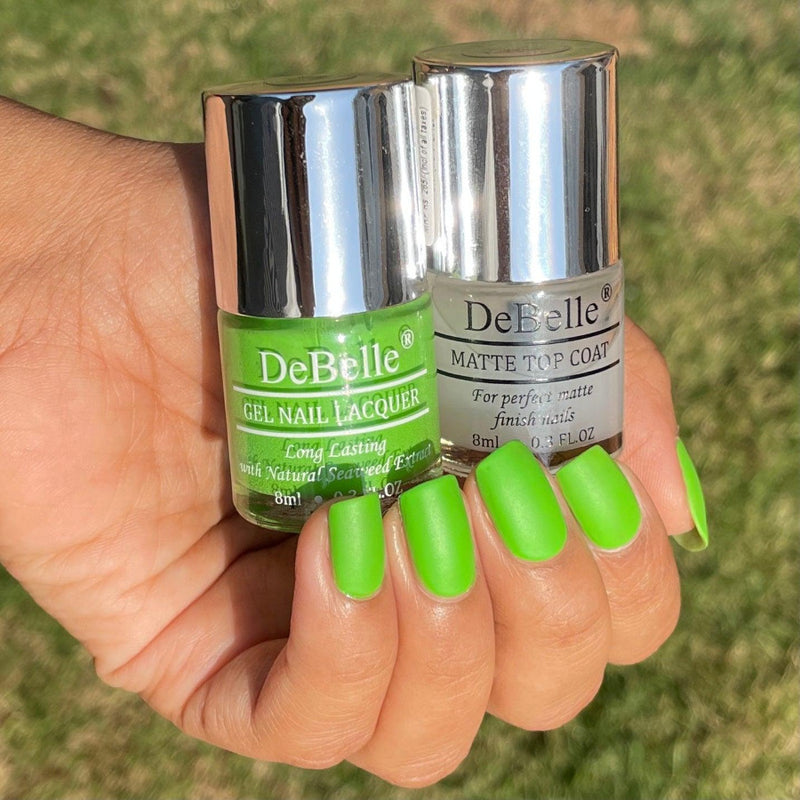 A combo of Debelle gel nail color Matcha Cookie and matte Top coat. 