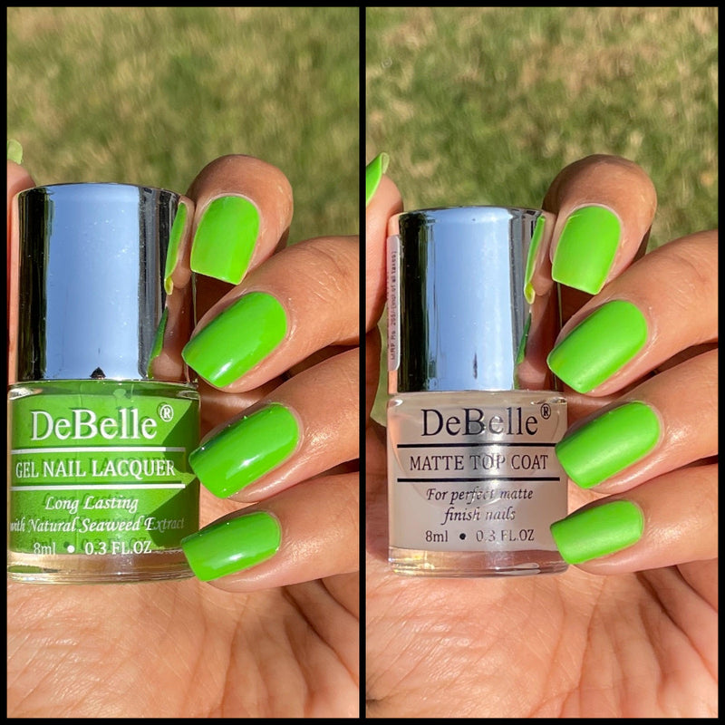 The awesome combo of Debelle gel nail color Matcha Cookie and Matte Top Coat.