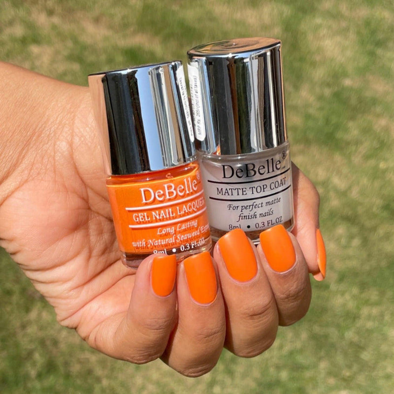 DeBelle Gel Nail Lacquer Tangerine Sheen & Matte Top Coat Combo - DeBelle Cosmetix Online Store