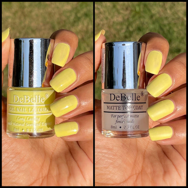 Combo of DeBelle gel nail colors Lemon Tart and Matte Top Coat available at DeBelle cosmetix online store.