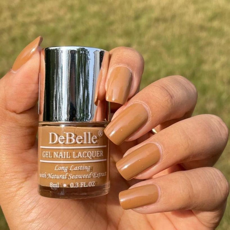 A shade for all skin tone _ DeBelle gel nail color  Caramel auburn. the alluring brown shade.  Available online at DeBelle Cosmetix online store at affordable price.