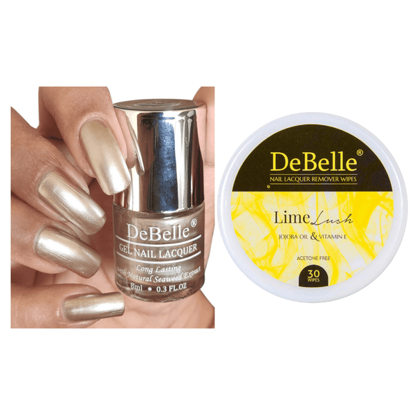 DeBelle Gel Nail Lacquer Chrome Beige & Lime Lush Nail Lacquer Remover Wipes Combo - DeBelle Cosmetix Online Store