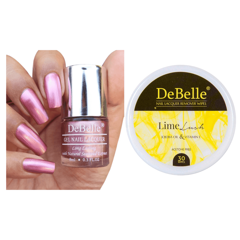 DeBelle gel nail color Chrome Glaze and Lime Lush remover  wipes combo available  at DeBelle Cosmetix online store.