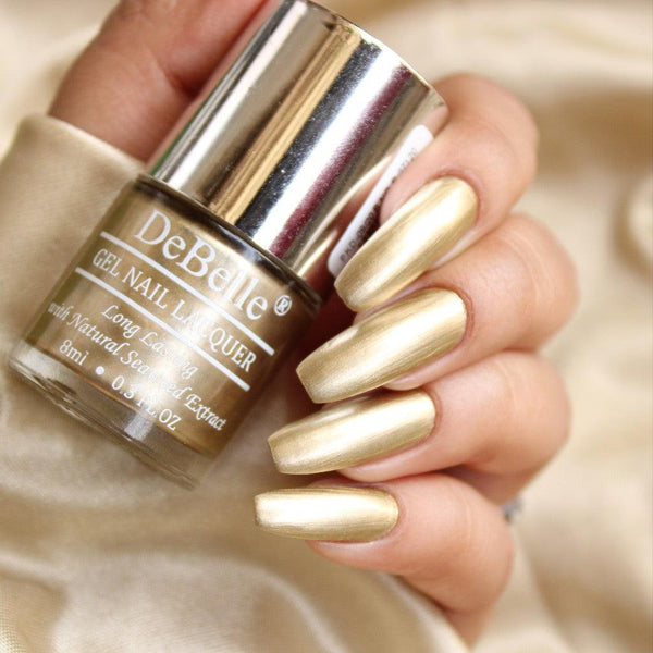 The bright gold with a sheen_DeBelle gel nail color Chrome Gold . Shop online at DeBelle Cosmetix online store.
