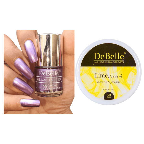 DeBelle Gel Nail Lacquer Chrome Wine & Lime Lush Nail Lacquer Remover Wipes Combo - DeBelle Cosmetix Online Store