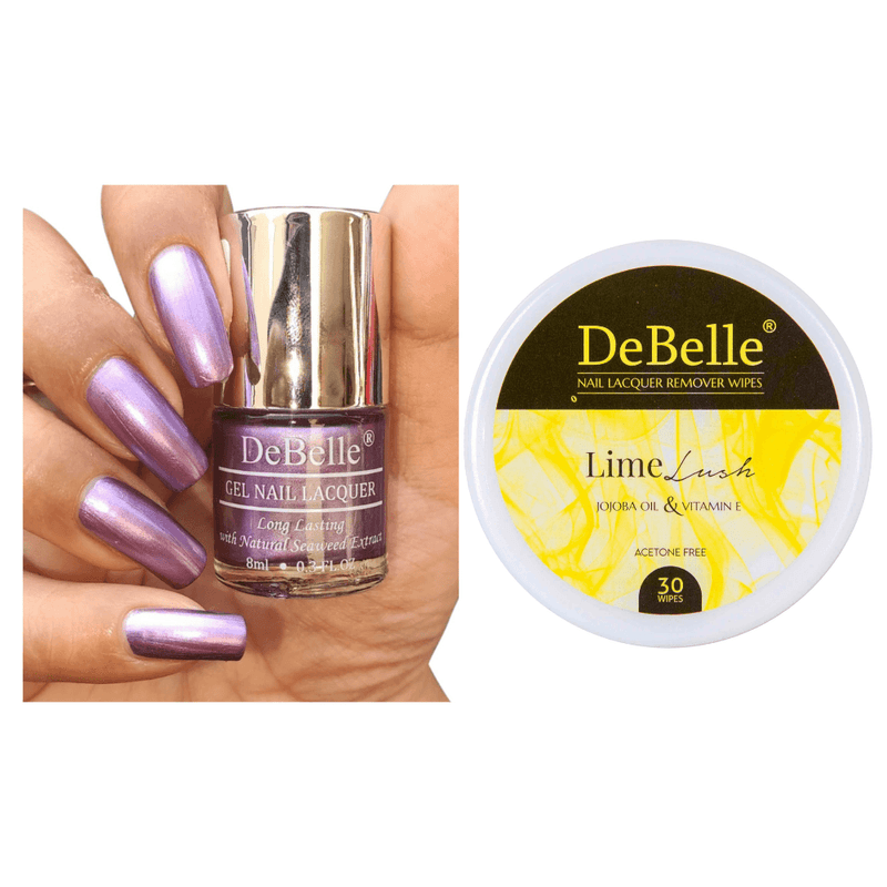 The best combo_DeBelle gel nail color Chrome wione and Lime Lush remover wipes. Available at DeBelle Cosmetix online store.
