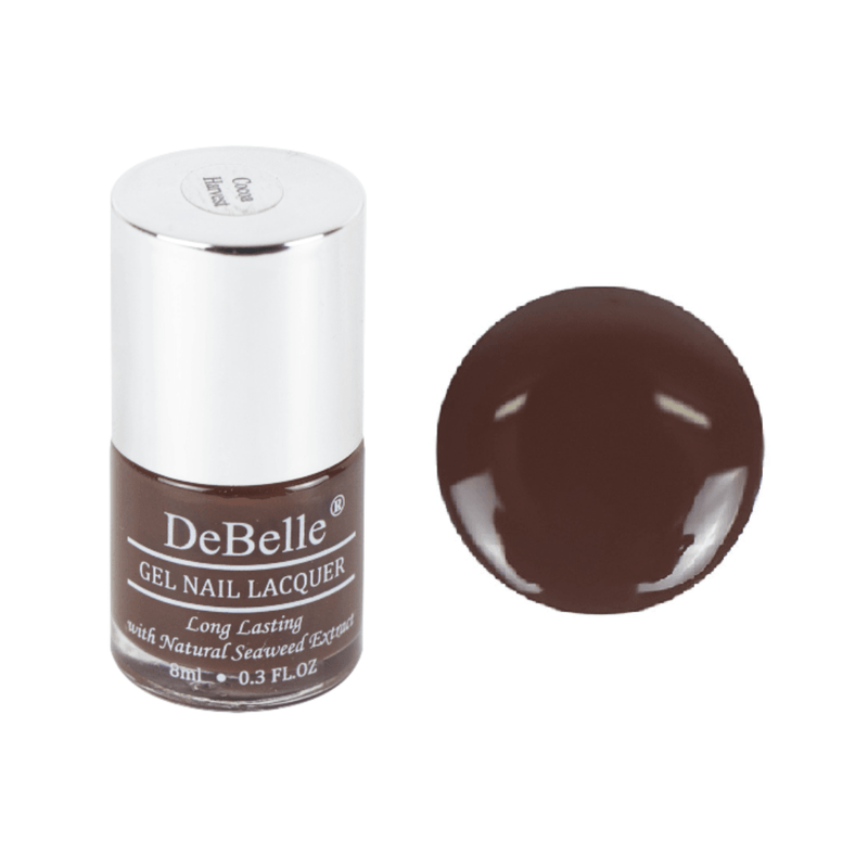 Flaunt your nails with DeBellr gel nail color Coco harvest the darkl brown shade at their tips. Available at DeBelle Cosmetix online store.