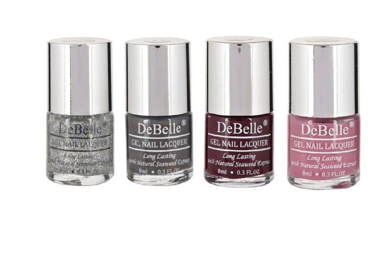 Collection of Four Nail Polish which are Shimmer Top, Coat  Copper ,Glaze , Glamorous Garnet & Laura Aura from DeBelle Cosmetix online store.