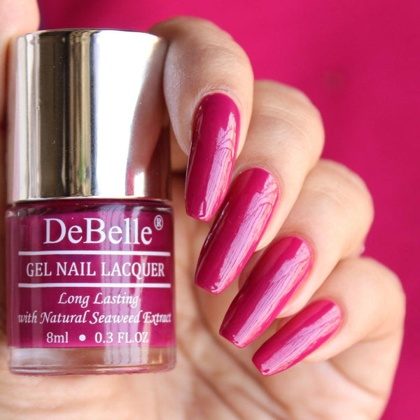 The traditional magenta  but glamorous-DeBelle gel nail color Camellia Berry. Available at DeBelle Cosmetix  online store with COD facility.