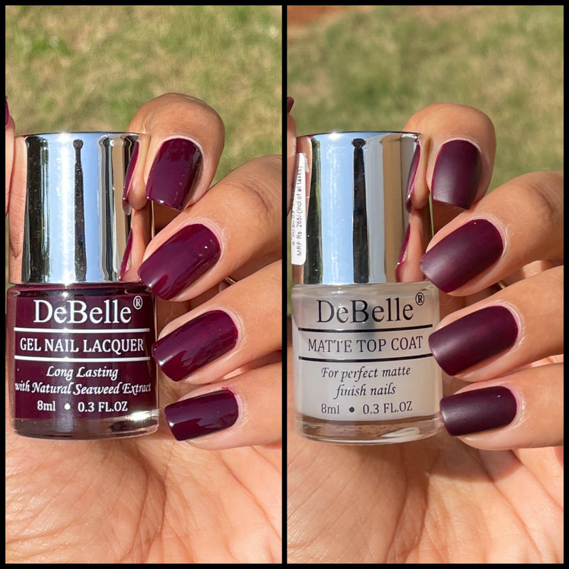 Available at DeBelle Cosmetix online store -Combo of DeBelle  gel nail color Glamorous Garnet and Matt  Top Coat.