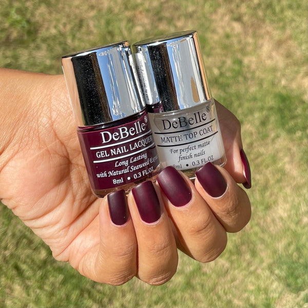 Get the matt finish look for any shade with DeBelle gel nail color  Matt Top Coat  Shop online for these shades enriched with hydrating seaweed extract at DeBell e Cosmetix online store.