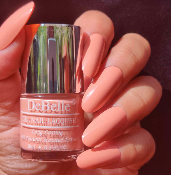 A shade of beauty-DeBelle gel nail color Dear Dahlia-the blend of orange and peach. Available at DeBelle Cosmetix online store.