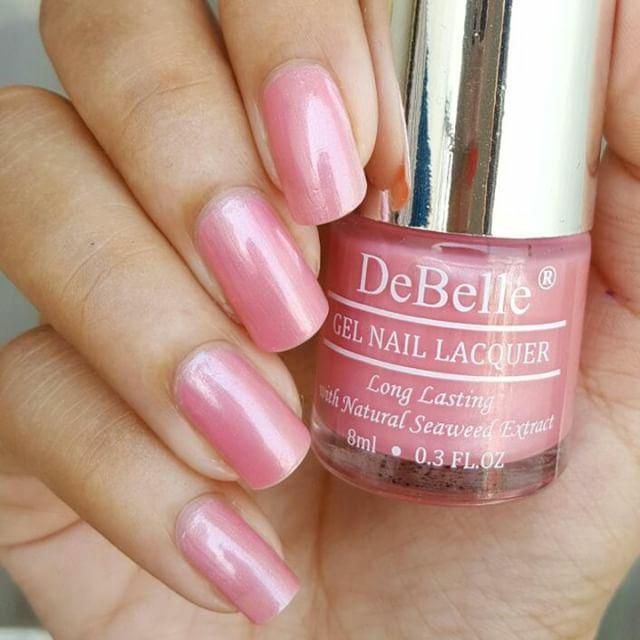 A shade  which suits all skin tones-DeBelle gel nail color Miss Bliss.