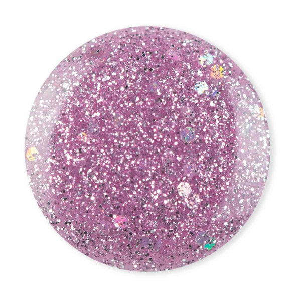 Droplet of Debelle Lavender with glitter nail polish from Debelle against a white background.