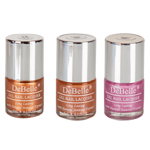 A gift  your loved one will love-DeBelle gel nail lacquer combo set of 3-Rustique Copper, Roseate Gold,&Roselin Fiesta. Available at DeBelle Cosmetix online store.