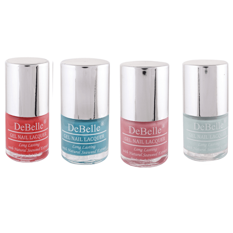Collection of Four Nail Polish which are  Princess Belle, Royale Cocktail , Miss Bliss & Mint Amour  from DeBelle .Available at DeBelle Cosmetix online store.