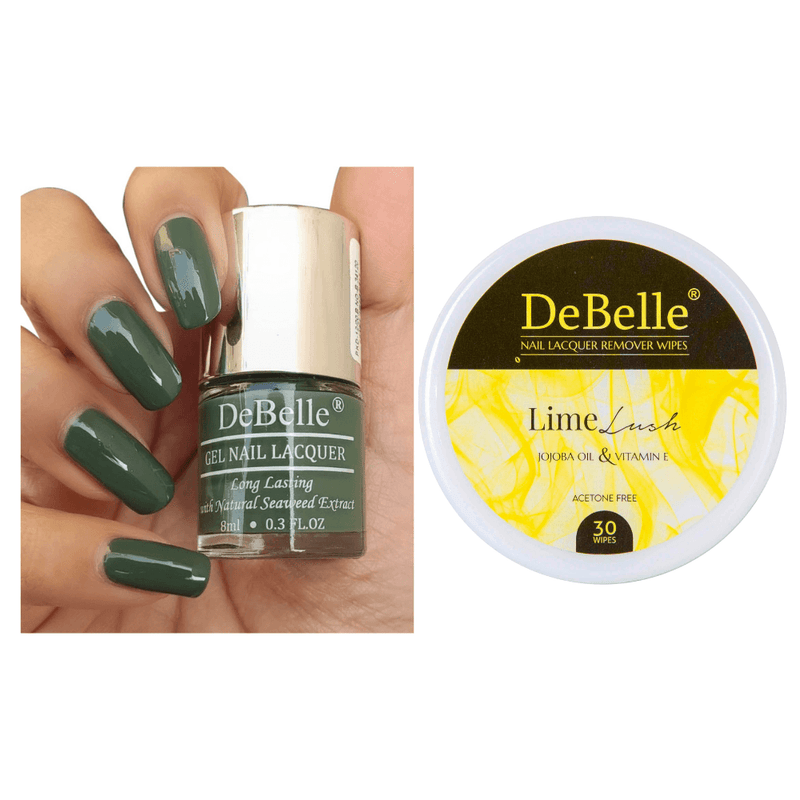 DeBelle Gel Nail Lacquer Green Olivia & Lime Lush Nail Lacquer Remover Wipes Combo  , available at DeBelle Cosmetix online store with COD facility.