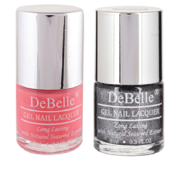 DeBelle Gel Nail Lacquers Combo Set of 2 BeBe Kiss (Hot Pink) & Grey Glitteratti (Grey Glitter), 16 ml - DeBelle Cosmetix Online Store
