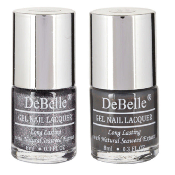 DeBelle Gel Nail Polish Combo Set of 2 Grey Glitteratti (Grey Glitter) & Copper Glaze (Dark Grey) - 8ml each - DeBelle Cosmetix Online Store