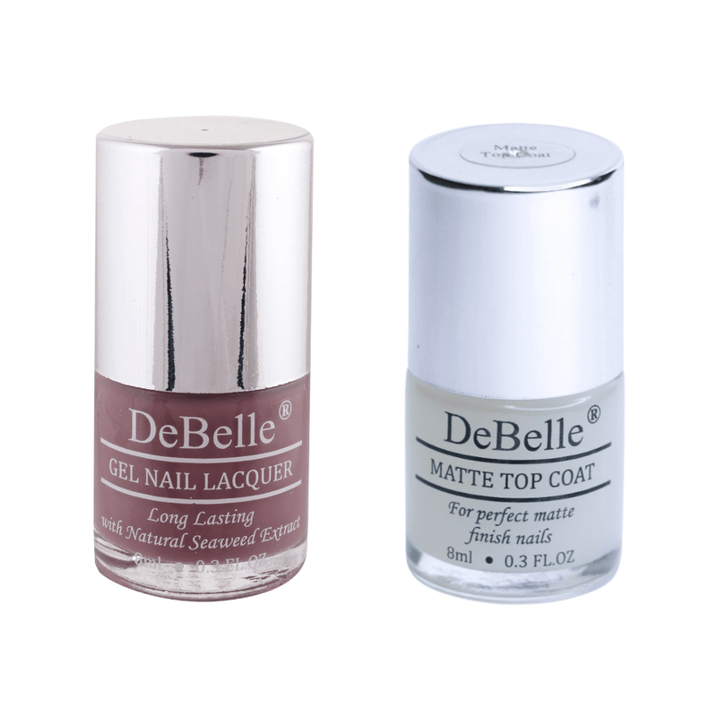The Combo of DeBelle gel nail colors Majestique Mauve and Matte top Coat available at DeBelle Cosmetix online store.