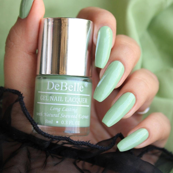 Smiling nails with DeBelle gel nail color Fleur Pistachio on them. Available at DeBelle Cosmetix online store. 