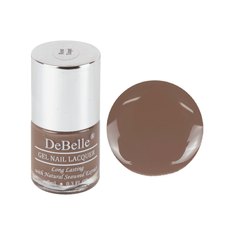 DeBelle Gel Nail Lacquer Rose Taupe nail polish bottle with a droplet against white background