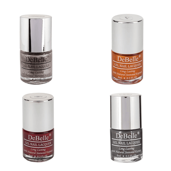 Collection of Four Nail Polish which are Sparkling,Dust Aurora ,Antares & Copper Glaze from DeBelle with white background