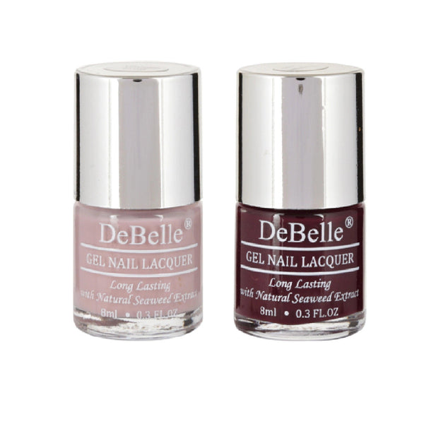 This combo of Debelle gel nail colors Vintage Frost and Glamorous Garnet is awesome .Available at DeBelle Cosmetix online store with COD facility
