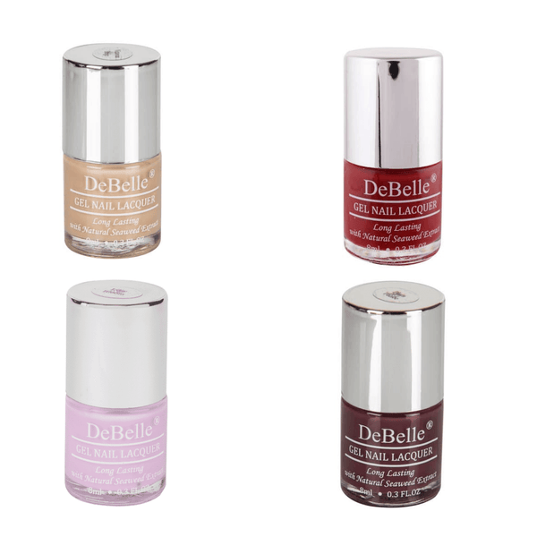 Collection of Four Nail Polish which are Victorian Beige ,Moulin Rouge, Lilac Bloom & Plum Toffee  from DeBelle has white background